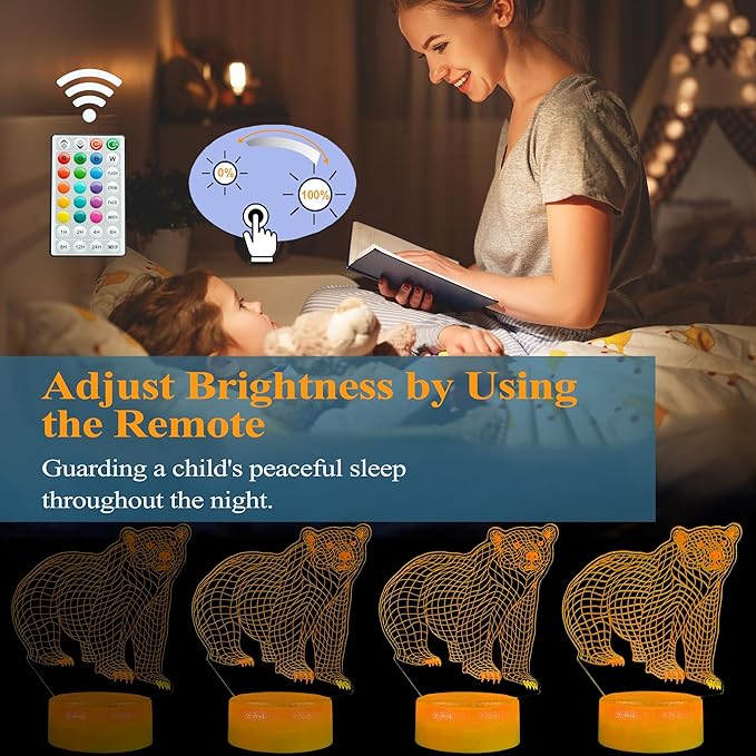 Polar Bear Night Light, 3D Illusion Lamp, RGB16 Colors Changing, Remote Control, Dimmable, Kids Room Decoration, Xmas Bear Gifts - Bloomnest