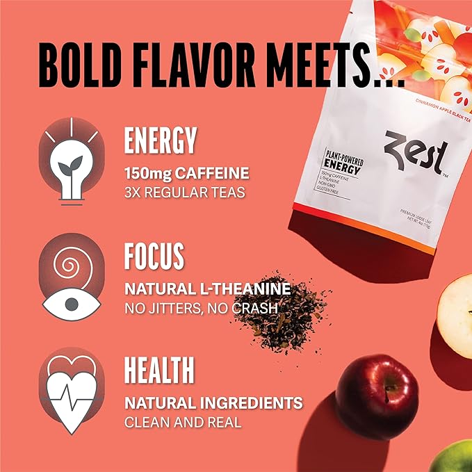 Zest 150mg High Caffeine Energy Loose Leaf Blend - Cinnamon Apple Black Tea - 4 Oz - All Natural Strong Flavored Healthy Coffee Alternative Highly Caffeinated Substitute - Perfect for Keto Diet - Bloomnest