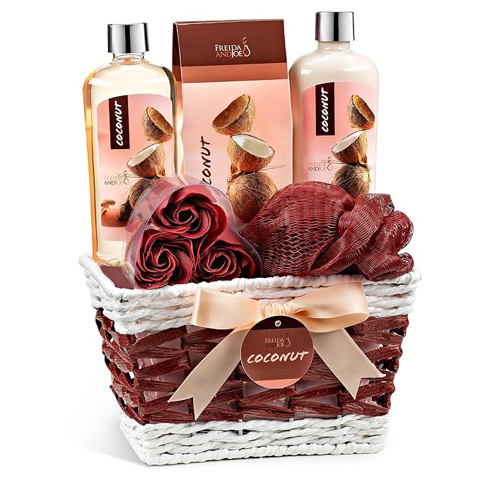 Coconut Spa Valentines Gift Basket Bath & Body Set with Shower Gel, Body Lotion, Bath Salts, Soap Flowers, Bath Sponge in a Wicker Basket (Pink & Brown Set) - Bloomnest