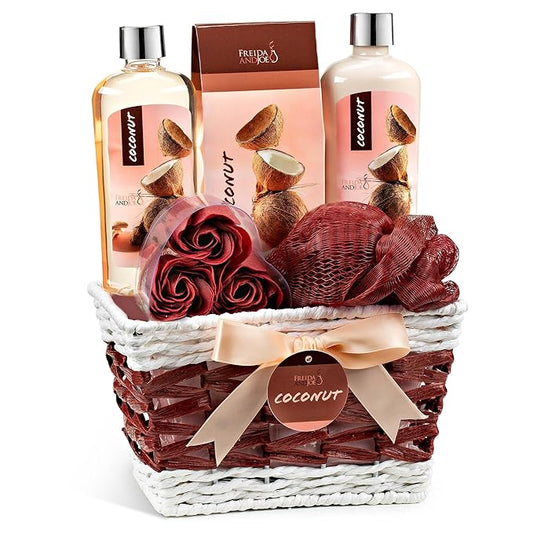 Coconut Spa Valentines Gift Basket Bath & Body Set with Shower Gel, Body Lotion, Bath Salts, Soap Flowers, Bath Sponge in a Wicker Basket (Pink & Brown Set) - Bloomnest