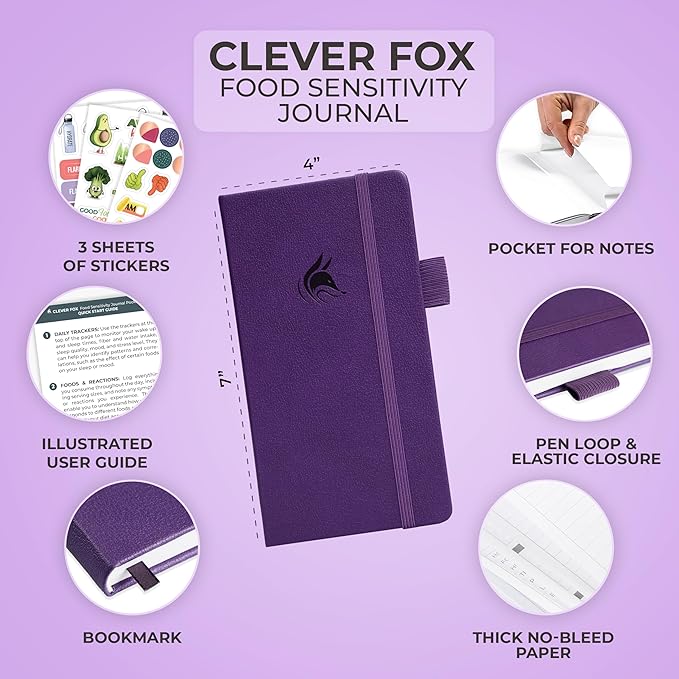Clever Fox Food Sensitivity Journal Pocket – Daily Intolerance & Symptom Log for IBS, Diabetic, Low Fodmap, Elimination Diet – Health Tracker, 3.7x6.7 (Purple) - Bloomnest