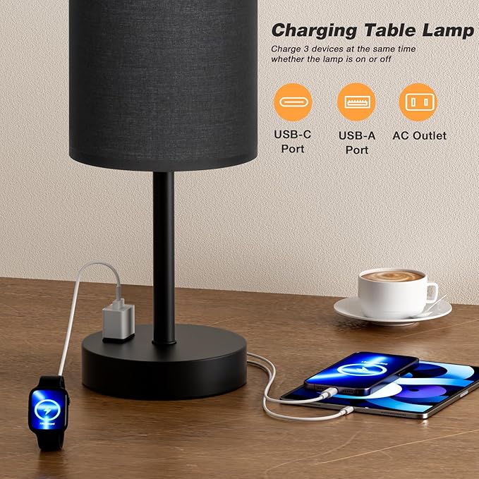 Fenmzee Touch Nightstand Lamp - Black, 3-Way Dimmable, USB A + C Charging, AC Outlet, 17.4inch Medium - Bloomnest