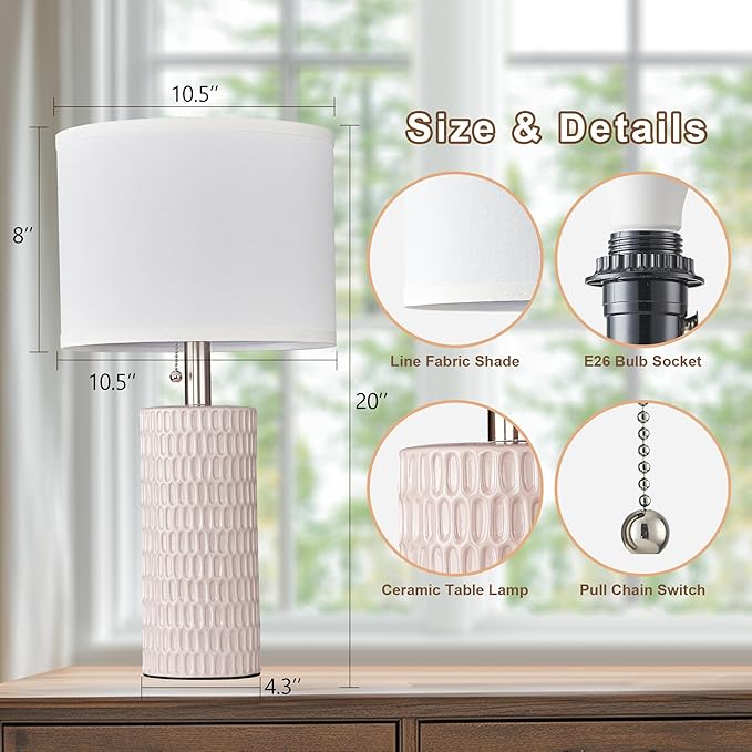 Table Lamps for Living Room Set of 2, Ceramic Table Lamps for Bedroom, 20" Modern Lamps for Night Stands, Pink - Bloomnest