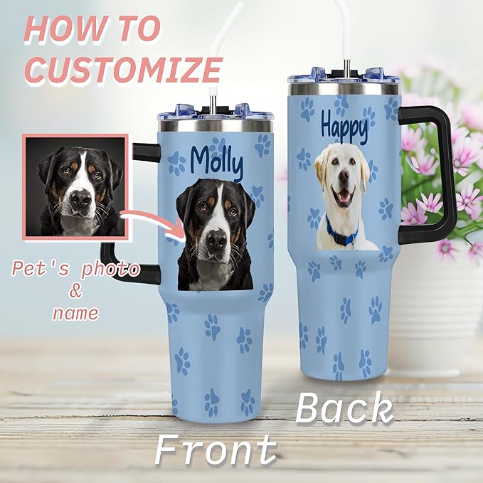 Personalized Tumbler with Dog Pet Photo Face & Name, Custom 40oz Funny Tumblers with Handle and Straw Lid, Gag Gifts For Birthday Christmas, Insulated Stainless Steel Travel Coffee Mug - Bloomnest