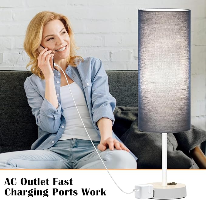 ZJOJO Table Lamp for Bedroom 2 Pack,18in Bedside Lamps with 3 Way Dimmable Rocker Switch & AC Outlet,Nightstand Desk Lamp with Blue Fabric Shade White Base for Living Room Home Decor Lights - Bloomnest