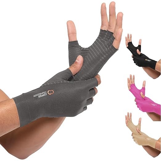 Copper Compression Arthritis Gloves | Fingerless Arthritis Carpal Tunnel Pain Relief for Men & Women | Hand Support Wrist Brace for Neuropathy, Rheumatoid, Tendonitis, Swelling, Crocheting, Typing Grey M - Bloomnest
