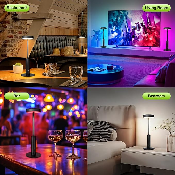 Small Cordless Table Lamps Rechargeable,5000mAh Battery Operated Portable Desk Lamp,3 Colors & RGB Stepless Dimmable Wireless Touch Lamps for Restaurant Home Dinner Dining Patio(Black) - Bloomnest