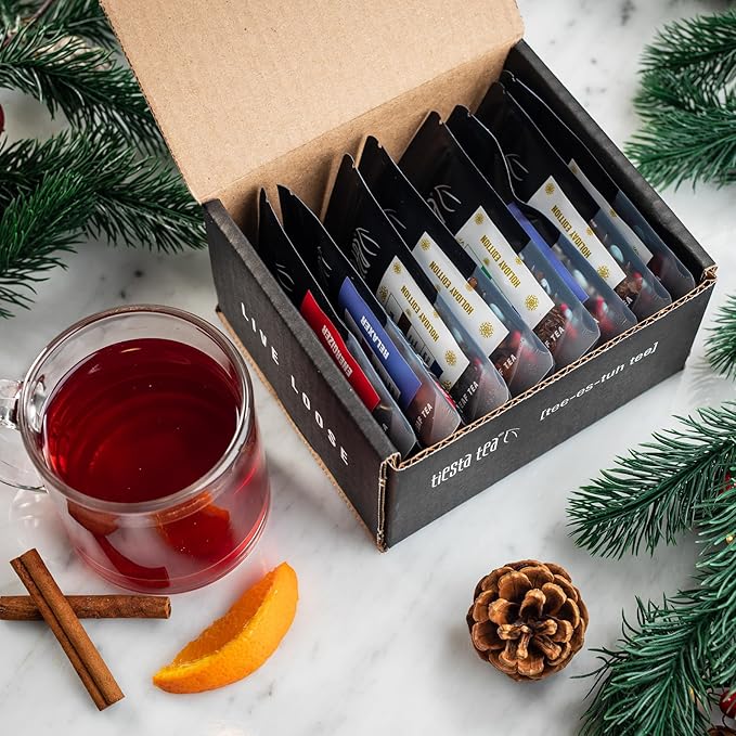 Tiesta Tea - Holiday Tea Sampler Dry Flight Set, Loose Leaf, High to No Caffeine Hot & Iced, Premium Brew Sample with Black, Herbal, Fruit & Hibiscus Blends, 8 Resealable Sample Pouches - Bloomnest