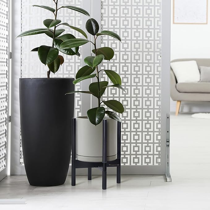 D'vine Dev Ceramic Planter with Ebony Stand - 10 Inch Modern Round Flower Pot with Wood Planter Holder, Grey, 55-B-L-3 - Bloomnest