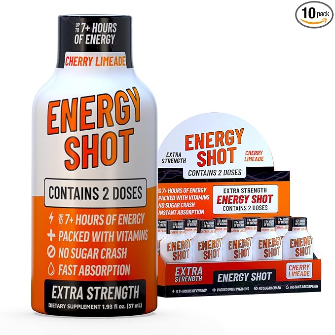 Cherry Limeade Extra Strength Energy Shot 10 pk – 260mg Natural Caffeine B12 B6 – Energy & Focus Support – 2 Servings Sugar Free Zero Calorie Green Tea B-Vitamins Electrolytes Vegan – 1.93 fl oz - Bloomnest