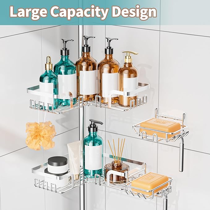 KEGII Shower Caddy Tension Pole – Corner Rustproof Bathroom Organizer with Soap Holder & Hooks, No-Drill Adjustable Shower Shelf for Renters for Families & Renters, 25-114.2 Inch, Silver - Bloomnest