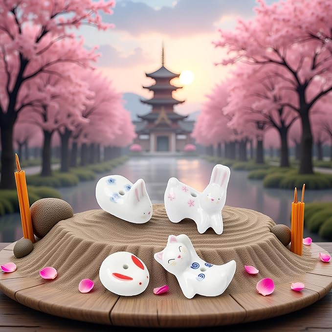 4Pcs Rabbit Cat Ceramic Incense Holder Cute White Animals Incense Sticker Holder Fun Home Decorative Ornaments for Home Room Decoration Yoga Spa Meditation Incense Holders Home Fragrance - Bloomnest