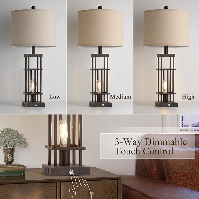 29.5" Table Lamps for Living Room Set of 2, Farmhouse Table Lamps with USB C+A Ports, Touch Control Bedside Lamps with Oil Rubbed Bronze Finish, Bulbs Included - Bloomnest