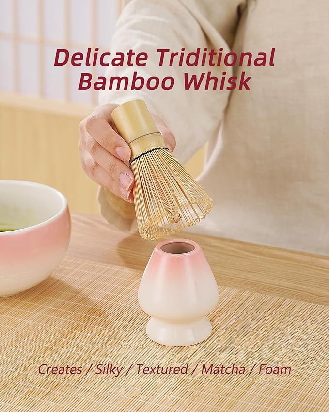 ZENS Pink Matcha Set, 6pcs Matcha Kit Includes Ceramic Bowl, Handcrafted Bamboo Whisk and Chasen Holder, Scoop, 304 Sifter & Tea Mat, Matcha Whisk Set Gift for Matcha Lovers - Bloomnest