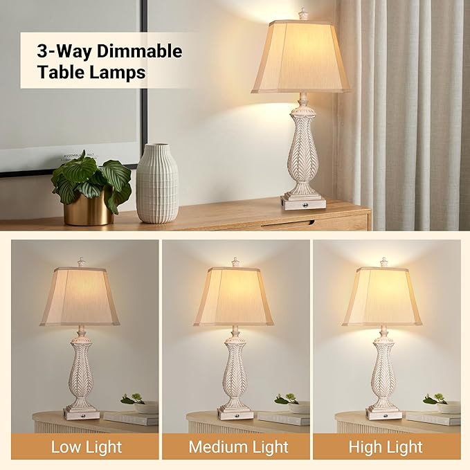 3-Way Dimmable Table Lamps for Bedrooms Set of 2, Light Wood Mermaid Bedside Lamp for Nightstand, 30" H Touch Lamps for Living Room with USB & Type-C Ports, Resin Farmhouse Rustic Lamp with 2 Bulb - Bloomnest