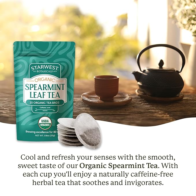 Starwest Botanicals Organic Spearmint Leaf Tea - Caffeine Free Herbal Tea, Promotes Calm, USDA Organic Spearmint Leaf, String Free Sachets, Non GMO - 20 Tea Bags - Bloomnest