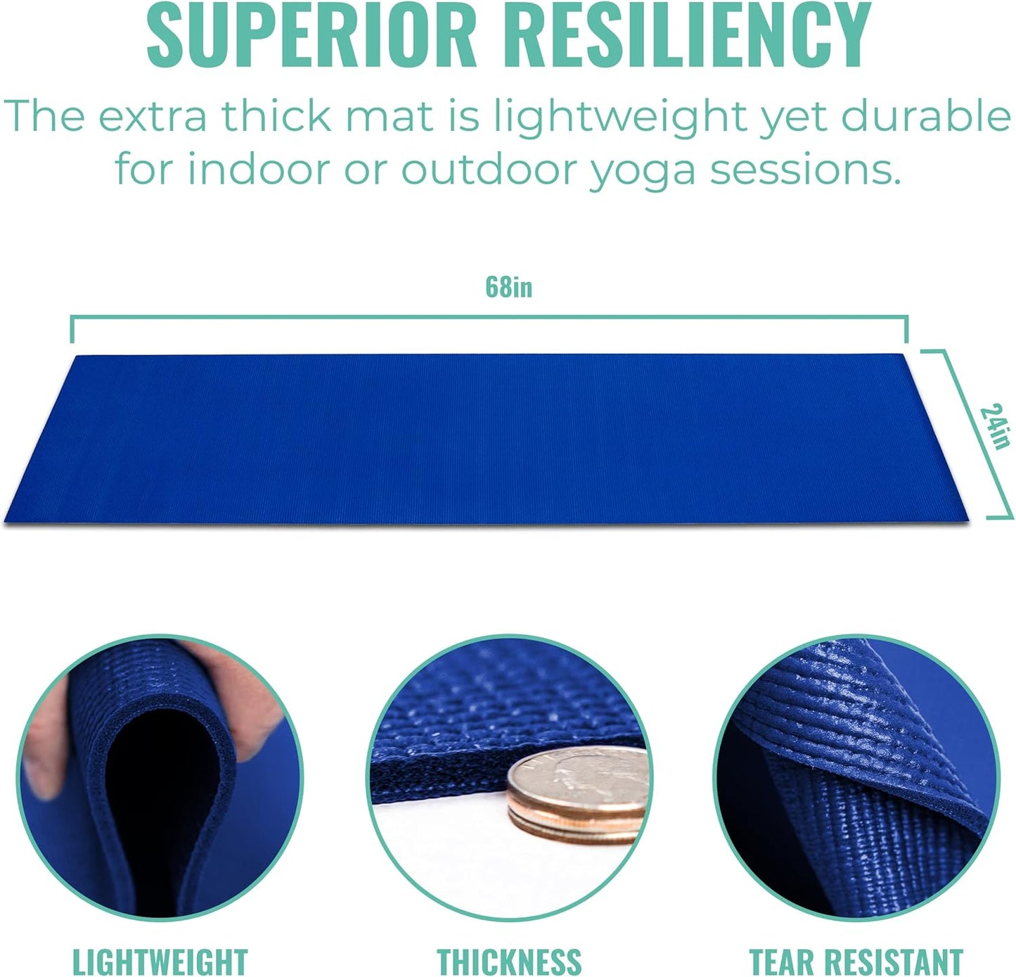 10-Pack Classic Yoga Mat With Carrying Strap, 68" x 24" Non Slip Exercise Mat, 4mm Thick Fitness Mat, Anti-Tear, Bulk Yoga Mats for Home Workout, Gym, School, or Studio