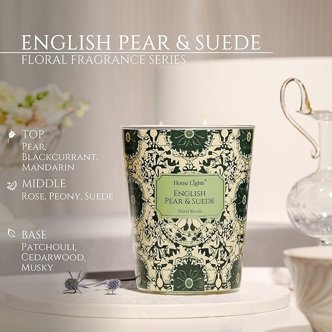 HomeLights Soy Wax Candles for Home Scented, 3-Wick Candles in English Pear & Suede Scented, Bohemian Natural Textures Aromatherapy Candles Gift for Parties, Relaxing, 34oz - Bloomnest