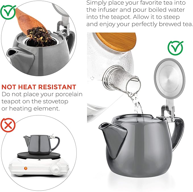 Tealyra - Pluto Porcelain Small Teapot Grey - 18.2-ounce (1-2 cups) - Unique Finish - Stainless Steel Lid and Extra-Fine Infuser To Brew Loose Leaf Tea - 540ml - Bloomnest