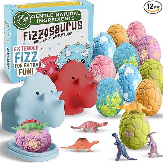 All Natural Bath Bombs for Kids with Surprise Toys Inside with Child Safe Dino Diffusers- 12 Pack Organic Dinosaur Bath Bombs with Toys Inside - Dino Bath Bomb for Kids - Bloomnest