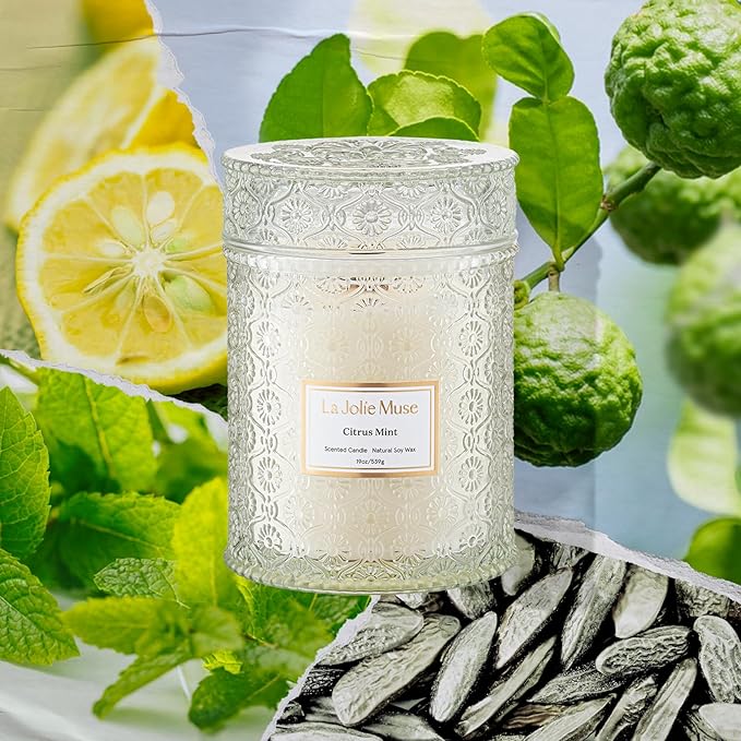 LA JOLIE MUSE Citrus Mint Candle - Bergamot, Yuzu, Mint | 19 oz Large Wooden Wick Candle | Natural Soy Wax | 90 Hours Clean Burn | Fresh Citrus Candles | Modern Home Decor - Bloomnest