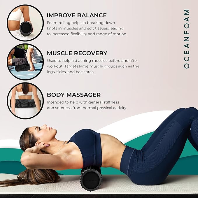 Oceanfoam Soft Tidal Roller (Black & Charcoal Marbled) - Low Density Foam Roller for Physical Therapy, Back Pain, Exercise & Stretching - Wave Textured - Yoga & Wellness - Full Size, 20" x 5" - Bloomnest