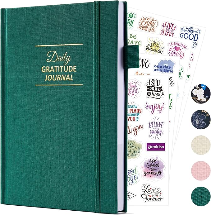 Gratitude Journal with 4 Inspirational Stickers: Undated Daily Gratitude Journal for Women and Men - More Happiness, Affirmation, and Mindfulness in A Few Minutes with Prompts & Quotes (Green) - Bloomnest