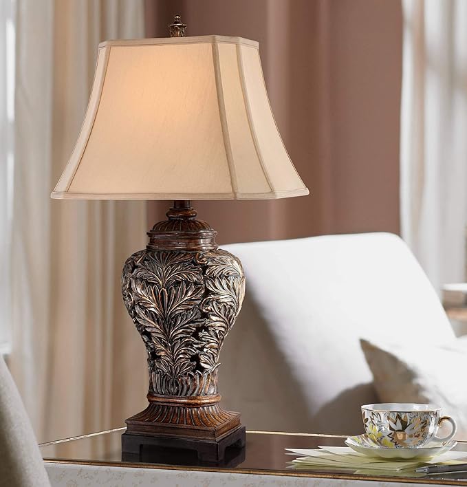Barnes and Ivy Traditional Table Lamps 32.5" Tall Set of 2 Bronze Brown Carved Leaf Openwork Vase Tan Rectangular Shade Decor for Living Room Bedroom House Bedside Nightstand Home Office - Bloomnest