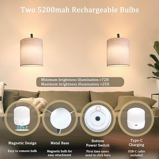 Wireless Wall Sconces Set of 2, Rechargeable Battery Operated Wall Lights with Remote, Dimmable Magnetic LED Bulbs,12 RGB Colors and Timer, Cordless Sconces for Bedroom Living Room (Black) - Bloomnest