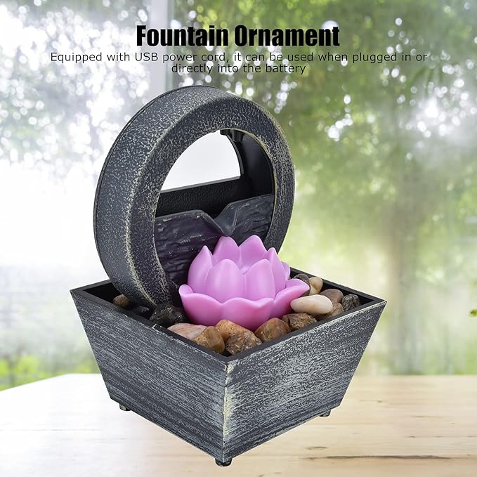Tabletop Fountain, 3V 16.5x11.5x11.5cm Plastic Flower Tabletop Water Fountain, Home Decor with Stones LED Lights for Home Office Indoor Spaces Decor