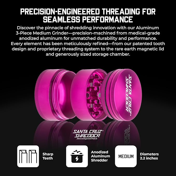 Santa Cruz Shredder Metal Spice Grinder Knurled Top for Stronger Grip 3-Piece Medium 2.2" (Pink) - Bloomnest