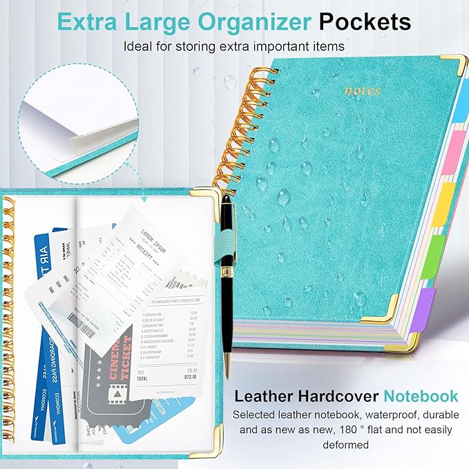 Hardcover Spiral Notebook 6.2"x 8.2" Journal Notebook with Tabs and Removable Dividers 300 Pages 5 Subject Notebook College Ruled, Faux Leather Spiral Bound Notebook for Women School Work (Blue) - Bloomnest