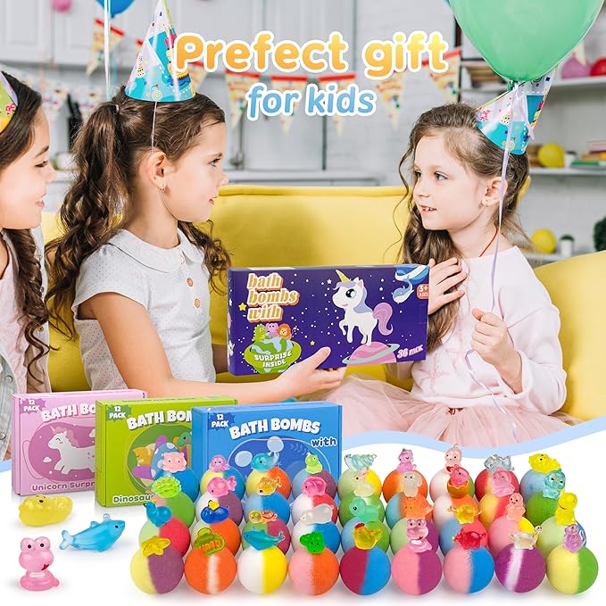 Bath Bombs for Kids with Toy Inside, 36 Pcs Bath Bombs with Glow in The Dark Dinosuar, Animal and Ocean Surprise Inside, Handmade Organic Bubble Bath Ball Gift Set for Birthday, Easter, Christmas - Bloomnest