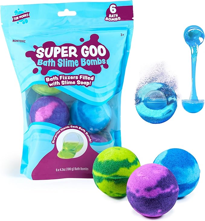 Tub Works Super Goo Bath Slime 'Surprise' Bombs, 6 Pack | Kids Bath Bombs With Surprise Inside | Nontoxic | Stretchy, Squishy Slime Soap | Sensory Fun for Kids - Bloomnest