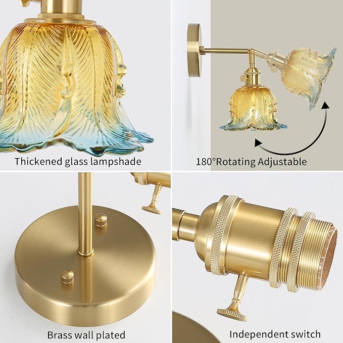 Vintage Wall Sconces Set of 2, Lily Yellow Lampshade & 180 Degree Adjustable, Brass Wall Lights, for Bedroom Living Room Hallway Aisle, Bulbs Not Included, ETL Listed - Bloomnest