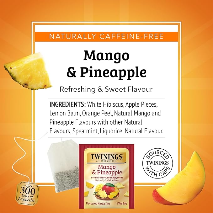 Twinings Mango & Pineapple Herbal Tea Individually Wrapped Bags, 20 Count (Pack of 2), Naturally Caffeine-Free, Enjoy Hot or Iced, 20 Teabags - Bloomnest