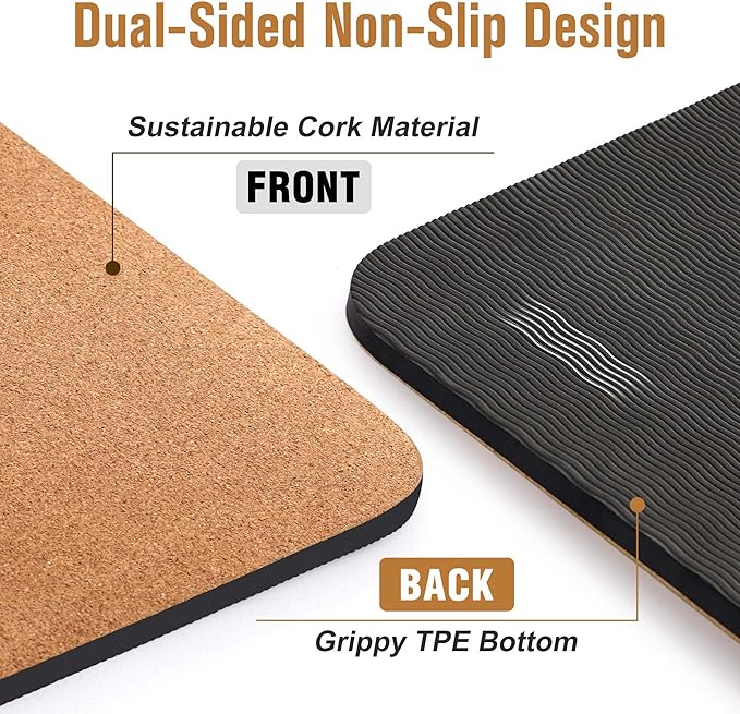 Premium Cork Yoga Mat 1/4 & 2/5 Inch Thick 72 x 26 in, Thick Cork and TPE Non Slip Yoga Mats for Women Men, Sweat Proof Eco-friendly, Great for Hot Yoga & Workouts - Bloomnest