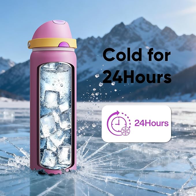Insulated Water Bottle with Straw - Encool Stainless Steel Water Bottle with Push Button Lid, Leak-Proof & BPA-Free, Keeps Cold for 24 Hours for Sports, Travel, Gym (32 oz, Light Orchid-Fuchsia) ENCOOL