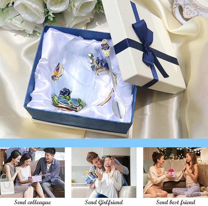 Flower Tea Cup ,Butterfly Rose Clear Glass Fancy Coffee Mug with Spoon,Gift Box for Her Mom Wife Grandma Girls Friends Valentines Christmas Birthday Present Idea for Juice,Hot And Cold Drinks Use - Bloomnest