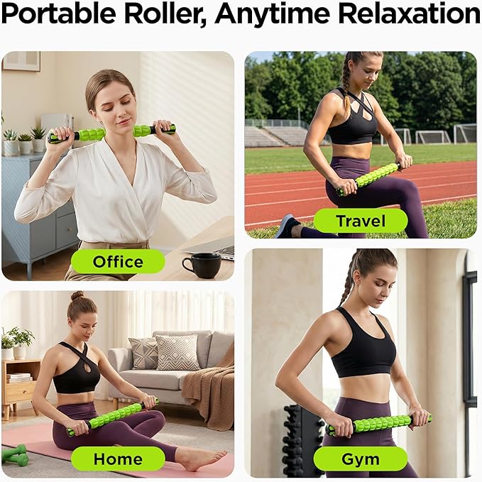 Muscle Roller & Massage Roller Stick for Athletes - Lymphatic Drainage Support, Relieves Muscle Soreness, Cramping & Tightness - Targets Legs, Arms, Back & Calves （Green - 18inch） - Bloomnest