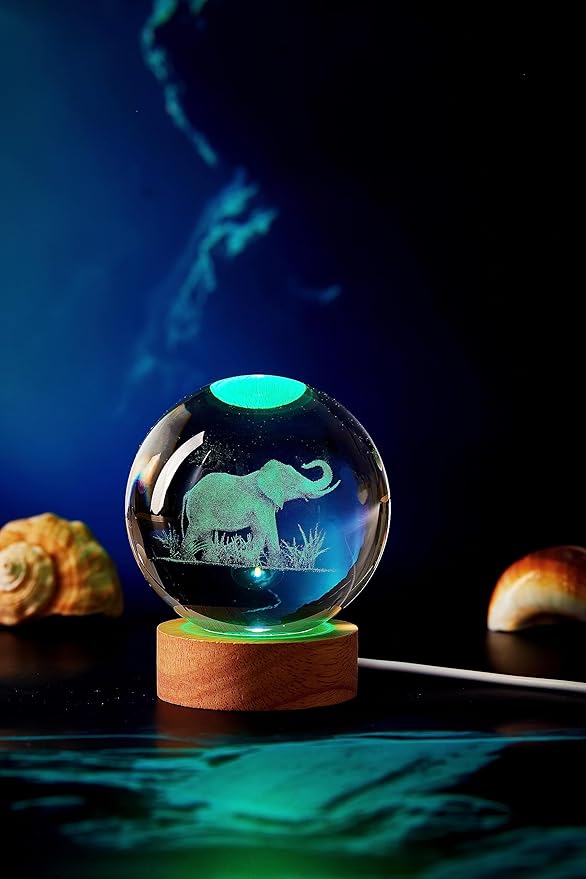 Elephant Crystal Ball Lamp, 3.15 inch, Night Light with Wooden LED Base, Glass Ball with USB, Remote Control, 16 Color Change, Gift Box - Bloomnest