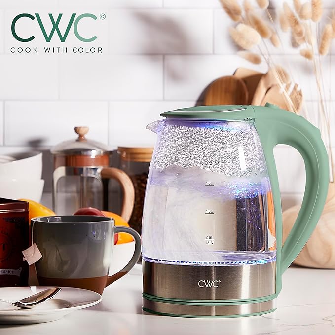 COOK WITH COLOR Electric Tea Kettle, 1.8L Cordless Hot Water Boiler, 1200W Rapid Boil, Auto Shutoff & Boil Dry Protection, BPA-Free, Sleek Countertop Design, Green - Bloomnest