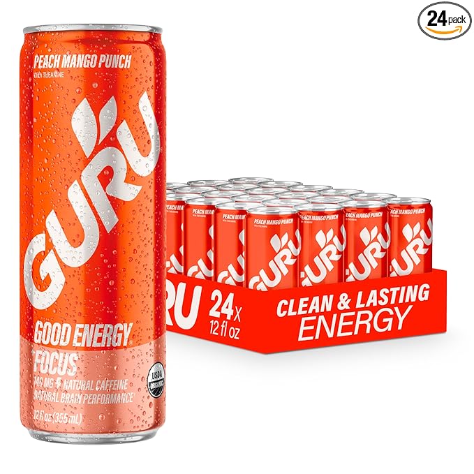 GURU Peach Mango Punch Organic Energy Drinks, Clean Energy Drink with Plant Based Natural Caffeine from Green Tea + Focus with L Theanine, Gluten Free and Vegan, 140MG Caffeine, 12oz (Pack of 24) - Bloomnest