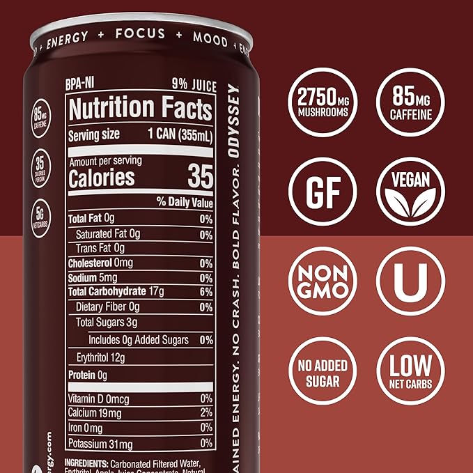 Odyssey Functional Energy Drink for Focus, Cognition & Mood Support 12 Pack - Adaptogenic Drink with 85mg Green Tea Caffeine, Lion’s Mane, Cordyceps, L-Theanine & Ginseng, Sparkling Cola - Bloomnest