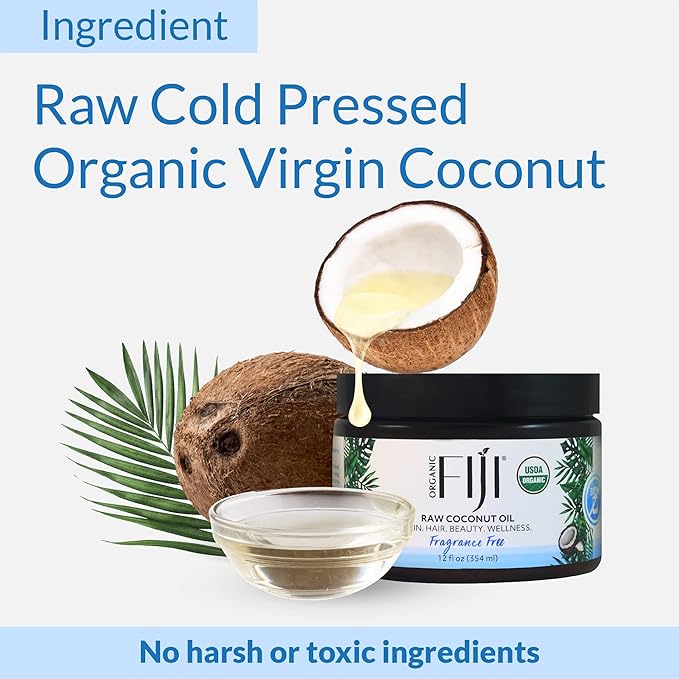 Organic Fiji Cold Pressed Coconut Oil Extra Virgin, Fragrance-Free for Hair, Skin, Face & Body Natural Moisturizer & Massage Oil for Women, Men & Baby 12 oz - Bloomnest
