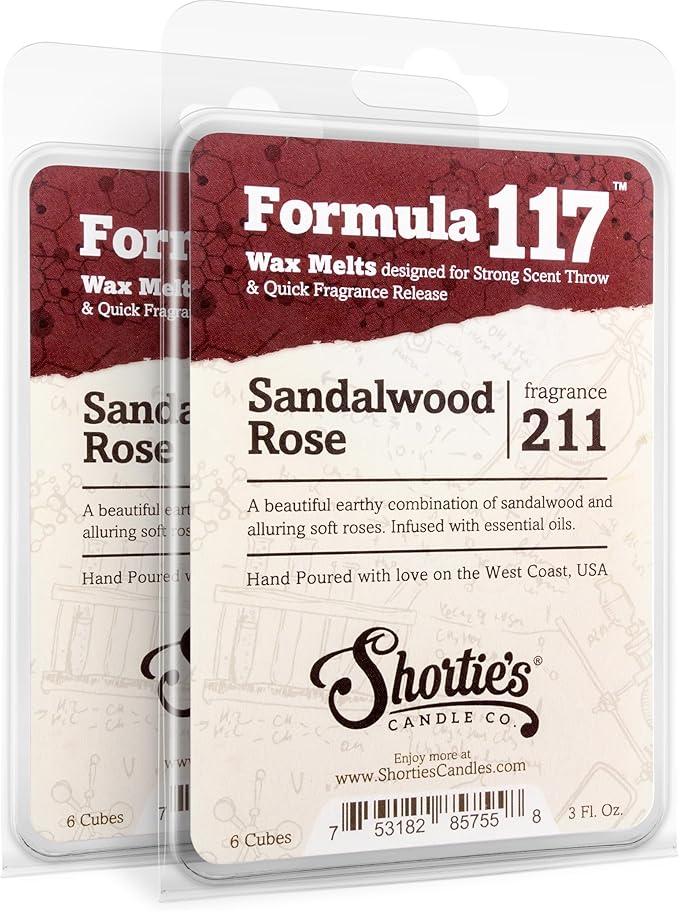 Shortie's Candle Company Sandalwood Rose Wax Melts Multi Pack - Formula 117-2 Highly Scented 3 Oz. Bars (6 Oz. Total) - Made with Natural Oils - Incense & Earth Air Freshener Cubes Collection ShortiesCandleCompany