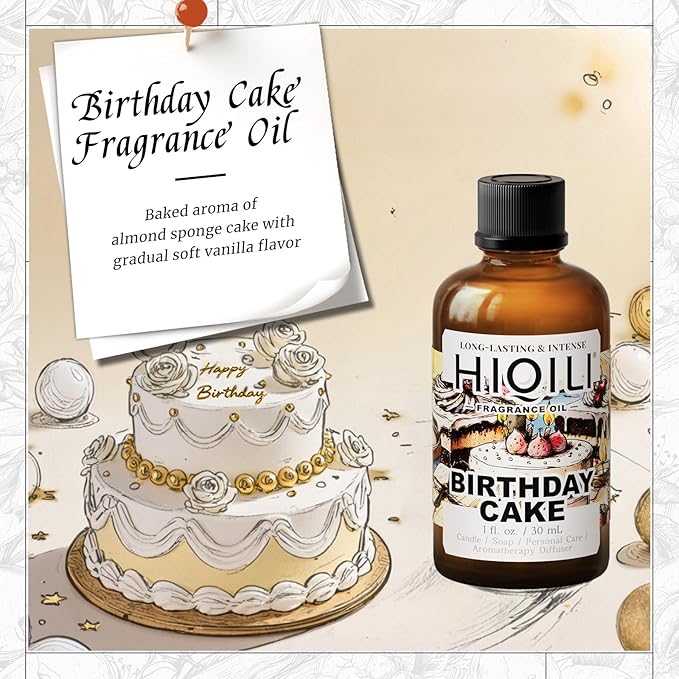 HIQILI Birthday Cake Fragrance Oil for Diffusers, Candle & Soap Making, Add to Aromatic Air Freshener Spray, Premium Grade - 1Fl Oz HIQILI