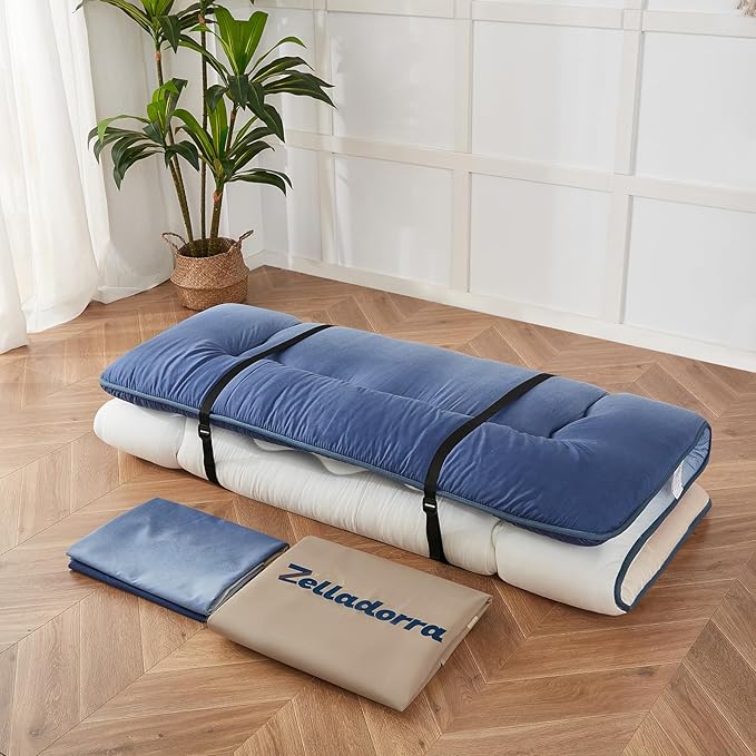 Japanese Floor Mattress, Futon Mattress with Portable Storage Bag and Washable Cover, Roll Up Thick Tatami Mat Suitable for Camping, Guest Room (Coastal Gradient, Full) - Bloomnest