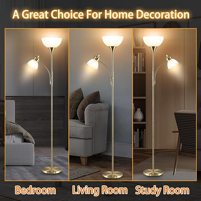 Floor Lamp, Dimmable Standing lamp, Stepless Dimming Brightness, Included 9W and 5W LED Bulbs, Industrial Floor Lamp for Living Room, Bedroom, Office, Reading - Bloomnest