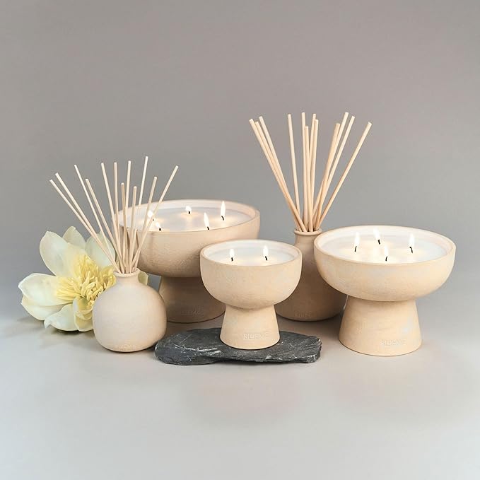 BLUEME Balance-White Lotus & Tea, 2 Wick, Refillable Wellness Candle, Contains Essential Oil, Sustainable, Hand Finished, Hand Poured, Premium, Luxury Ceramic, Natural Cotton Wick, Soy-Wax Blend - Bloomnest